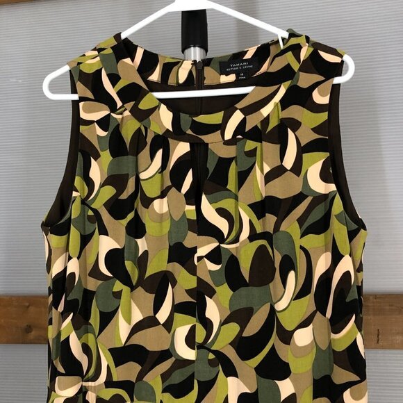 Tahari ASL Abstract Print Green Brown Cream Sleeveless Midi Dress Sz14 - Picture 2 of 16